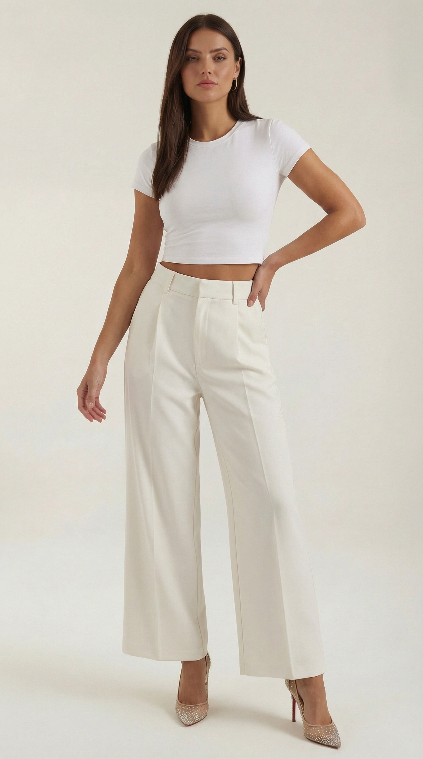 Pantaloni Chino Donna a Gamba Larga Vita Alta