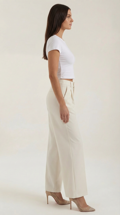 Pantaloni Chino Donna a Gamba Larga Vita Alta
