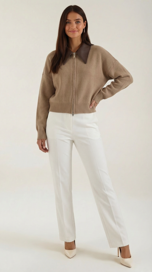 Cardigan Corto Donna con Colletto a Contrasto