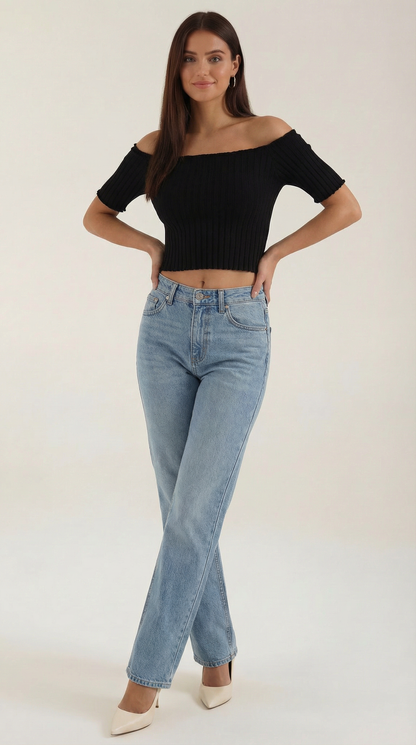 Top Crop Donna a Righe con Scollo Quadrato