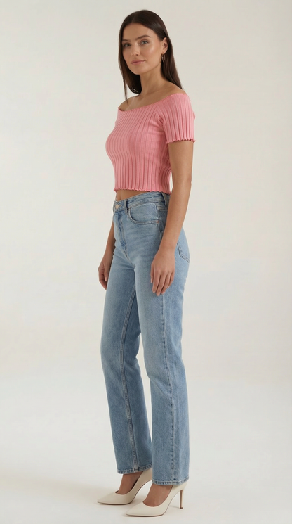 Top Crop Donna a Righe con Scollo Quadrato