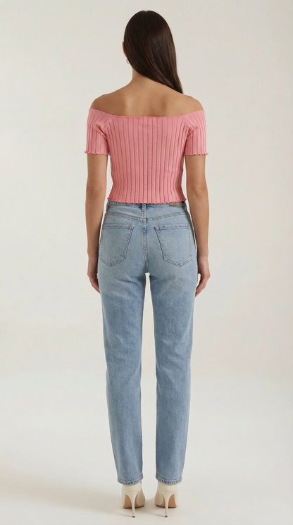 Top Crop Donna a Righe con Scollo Quadrato