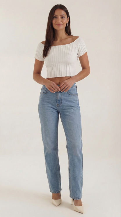 Top Crop Donna a Righe con Scollo Quadrato
