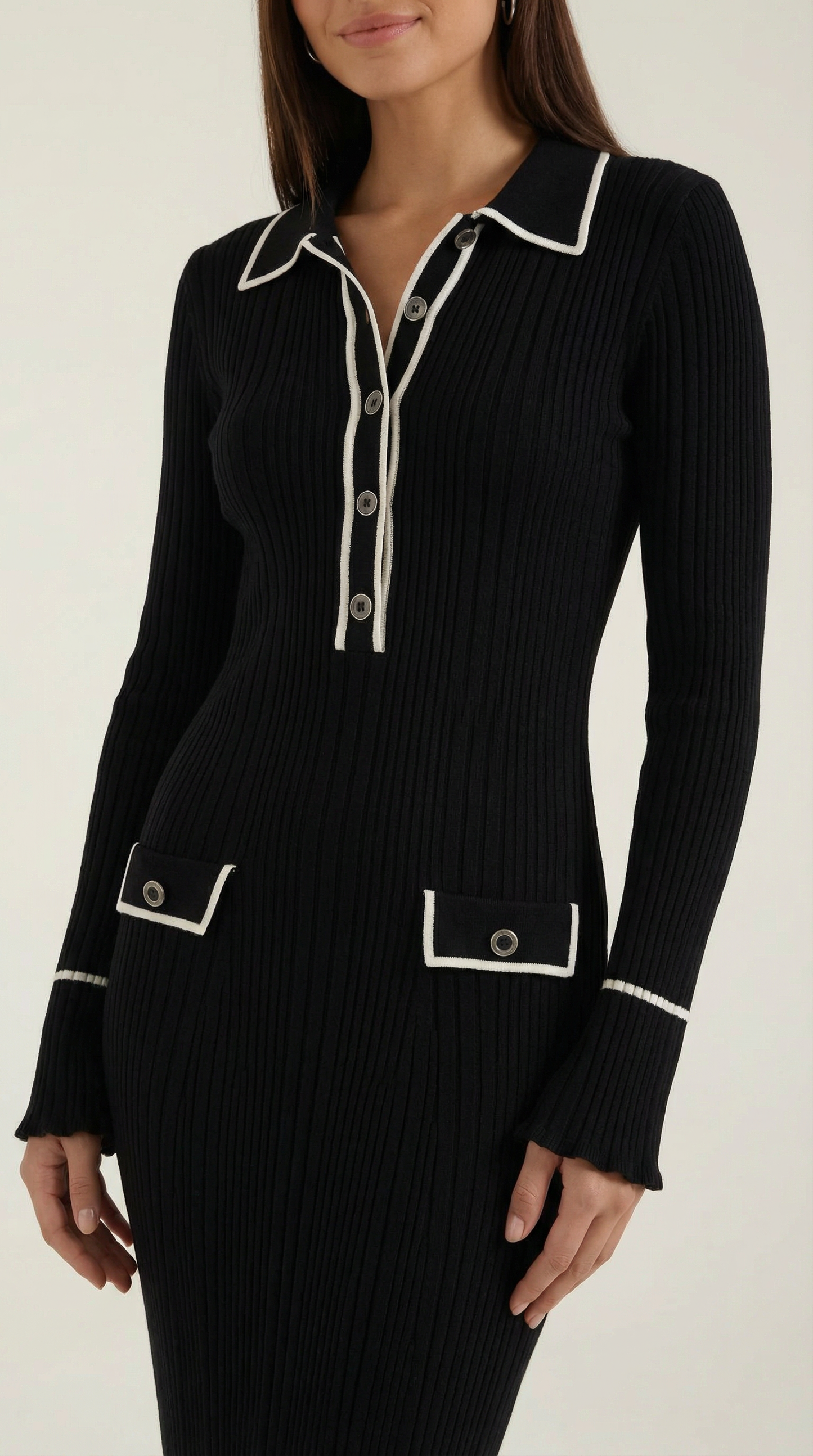 Abito Lungo Donna in Maglia a Costine con Colletto