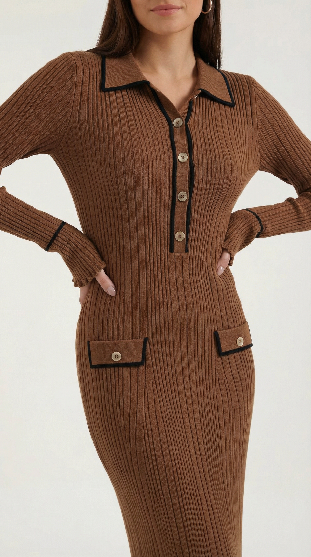 Abito Lungo Donna in Maglia a Costine con Colletto