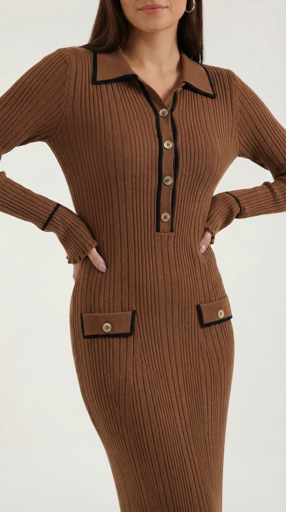 Abito Lungo Donna in Maglia a Costine con Colletto
