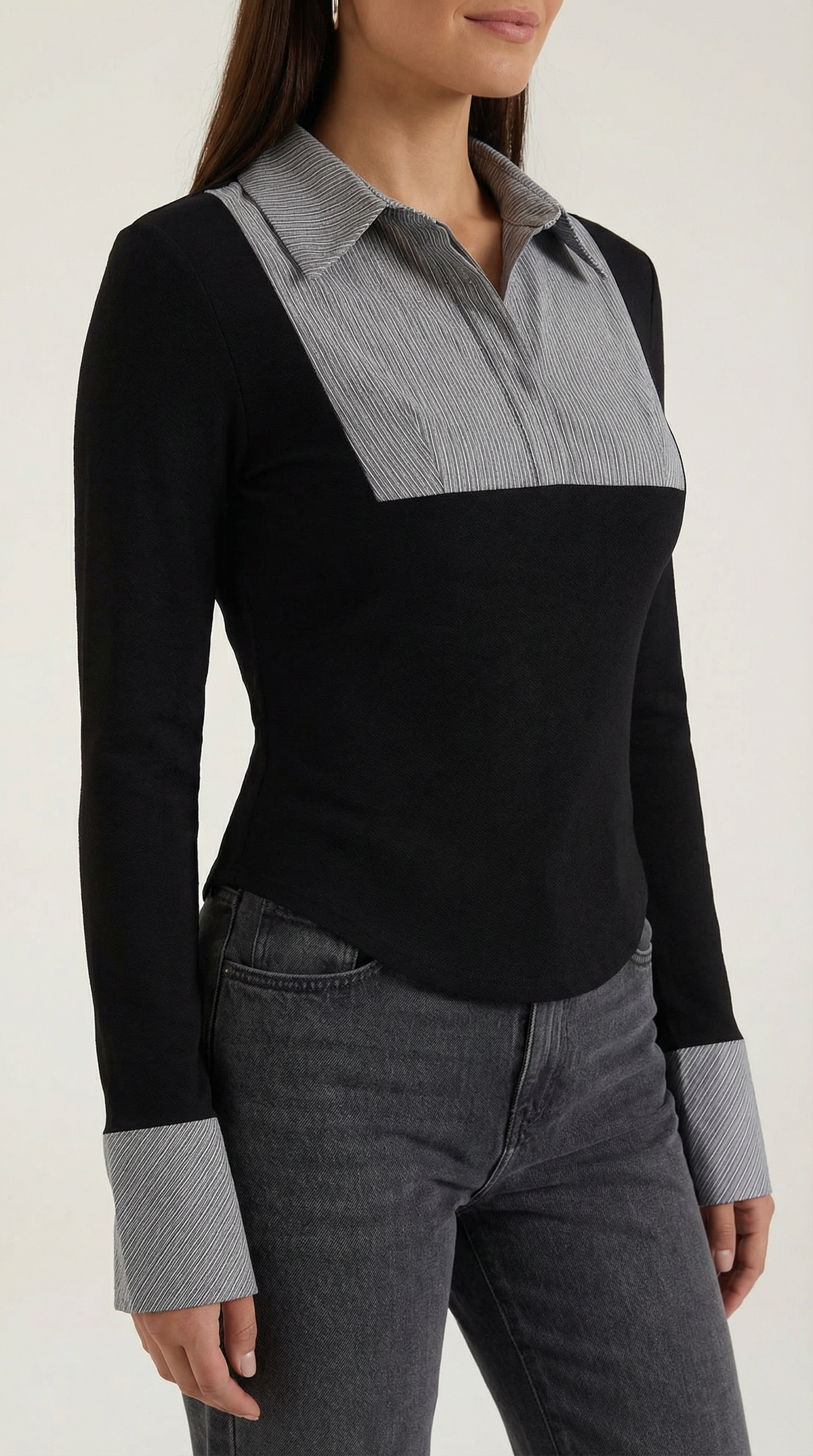 Polo Donna a Maniche Lunghe con Plissé a Contrasto