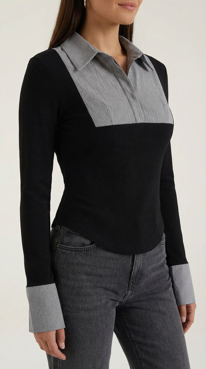 Polo Donna a Maniche Lunghe con Plissé a Contrasto