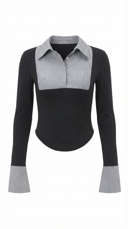 Polo Donna a Maniche Lunghe con Plissé a Contrasto