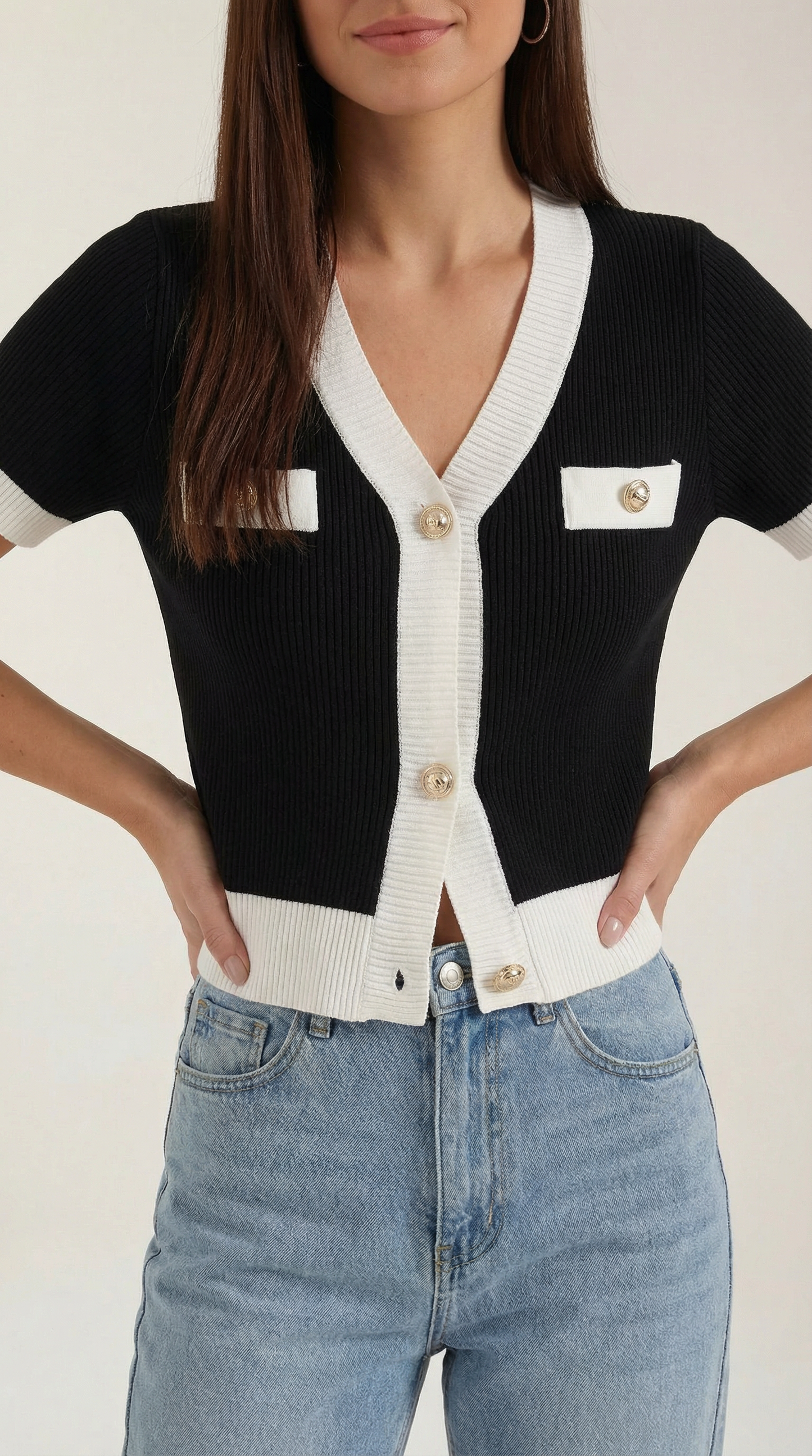 Cardigan Donna a Coste con Bordi a Contrasto