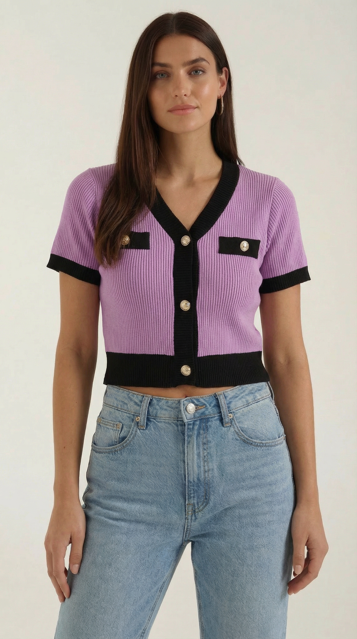 Cardigan Donna a Coste con Bordi a Contrasto