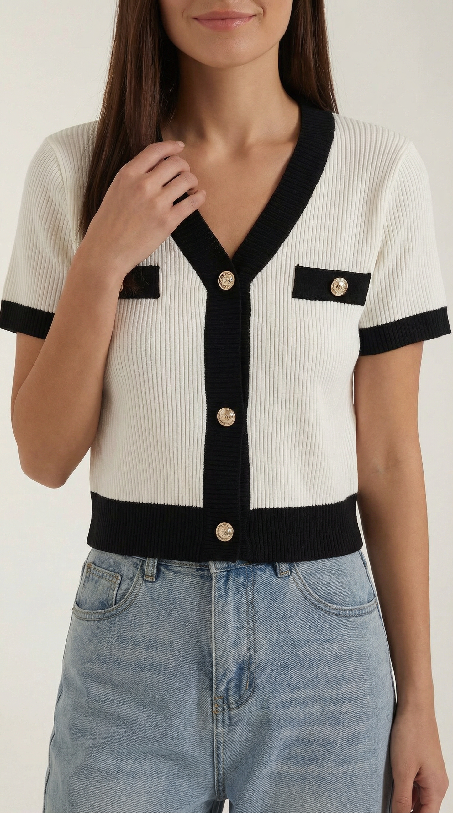 Cardigan Donna a Coste con Bordi a Contrasto