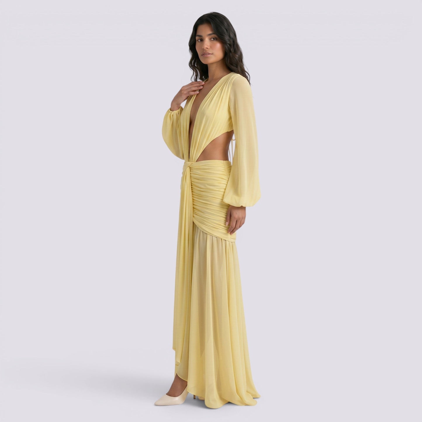 Abito Lungo Donna Aderente con Maniche Lunghe