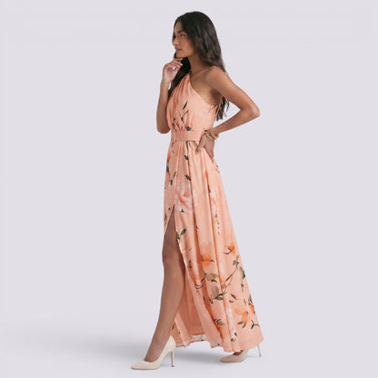 Abito Lungo Donna Stampato con Scollo Asimmetrico