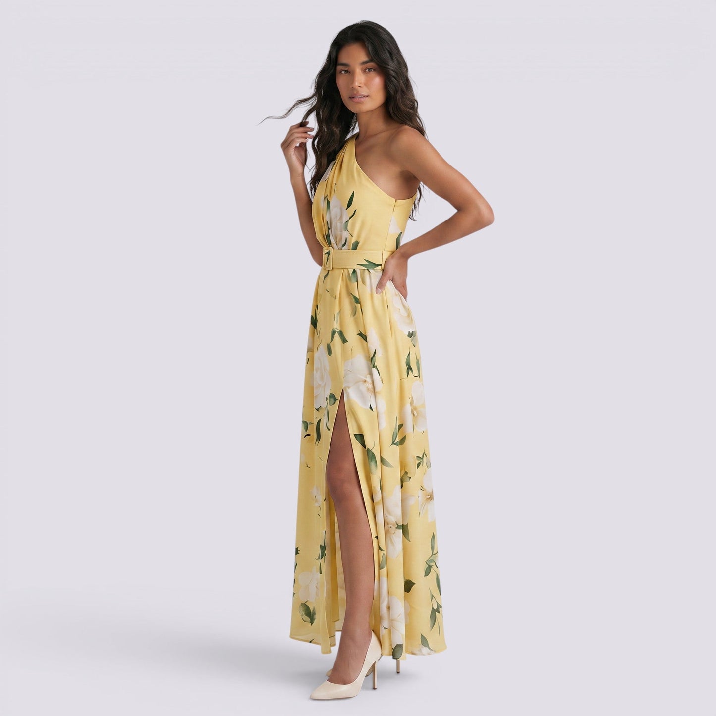 Abito Lungo Donna Stampato con Scollo Asimmetrico