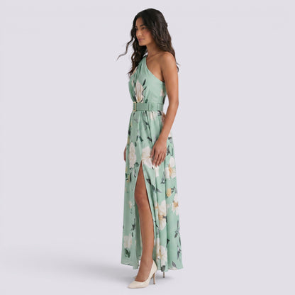 Abito Lungo Donna Stampato con Scollo Asimmetrico