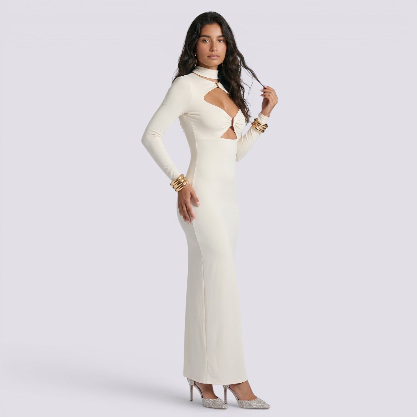 Abito Lungo Donna Tinta Unita con Cut-Out